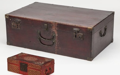 Antique Chinese Lacquered Leather Desk Box and Bamboo Suitcase, 19th C.