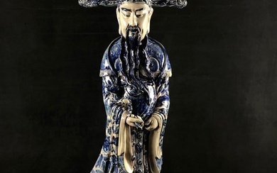 Antique Colossal Size! Chinese Blue and White Porcelain Statue of Fuk