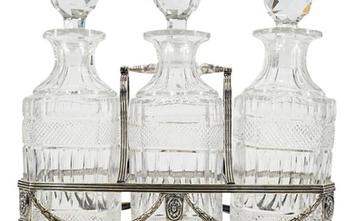 Antique English Crystal Decanter Set In Silver Plated Tray