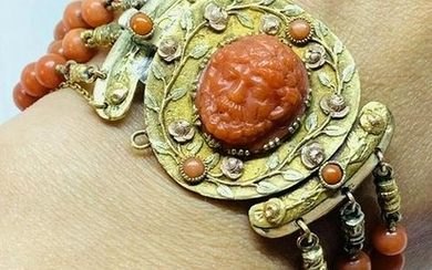 Antique French 14k Gold Coral Multistrand Cameo