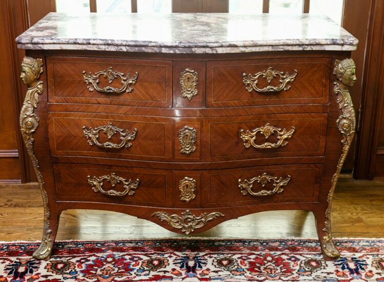 Antique French Marble Top Ormolu Bombe Chest