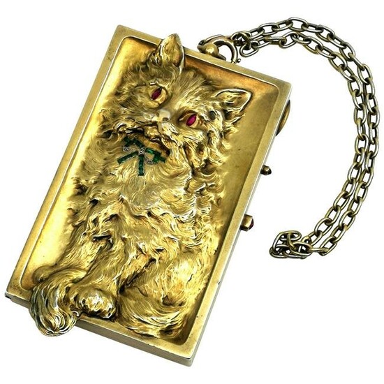 Antique German Silver Gilt Minaudiere / Compact with Ruby Emerald Diamond c 1900