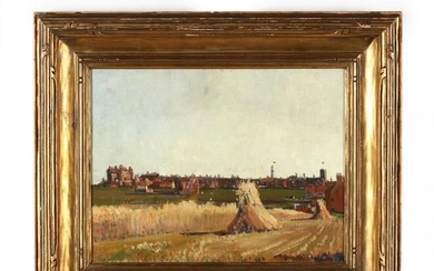 Antique Landscape Painting of Fields and Distant Town