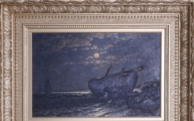 Antique Maritime Moonlit Shipwreck Painting by Waters