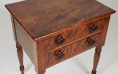 Antique New England Sheraton Tiger Maple Two Drawer Night Stand, 19th Century