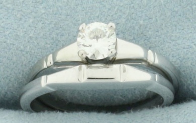 Antique Old European Diamond Engagement Ring and Wedding Band Bridal Set in 18k White Gold