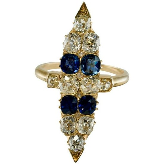 Antique Old Mine Diamond Ceylon Sapphire Ring 14K