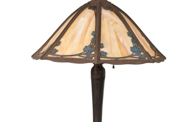 Antique Slag Glass Lamp - An antique table lamp with amber-colored slag glass, leaf & vine overlay.