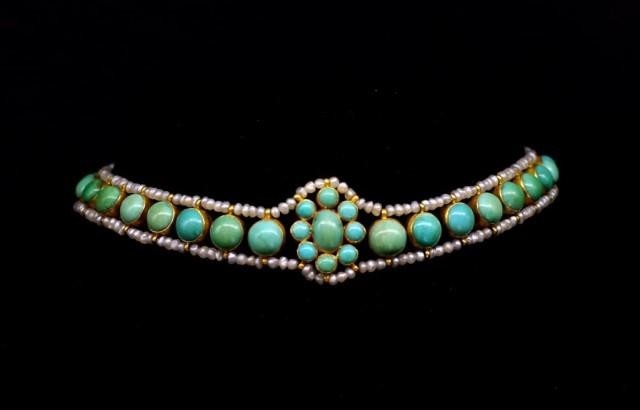 Antique Turquoise, pearl and yellow gold choker bezel set tu...