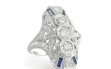 Antique Vintage Art Deco Sapphire Diamond Long Statement Ring .65 CTW, 3.99 Gr