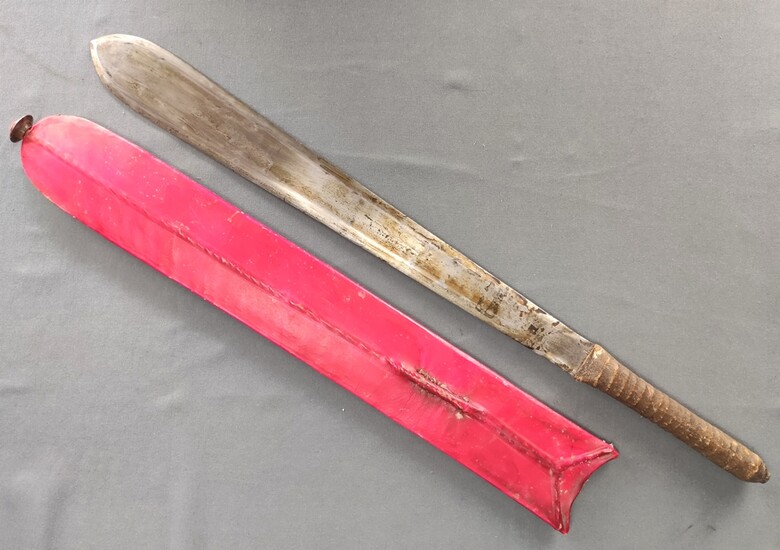 Antique bush knife, blade slightly flared to the bottom, tapered, double-edged, leather handle, red