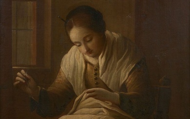 Antonio CIFRONDI (1655-1730) et son atelier Femme cousant Toile. Inscription au revers. Petit accident au...