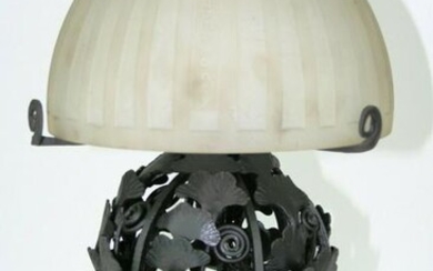 Art Deco Lamp ,forged Iron base ,Acid cut frosted shade