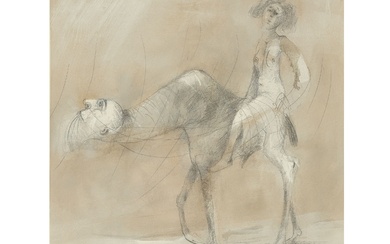 Artiste inconnu Femme à cheval Dessin au crayon aquarelle 22,5 x 22,5 cm, avec cadre...