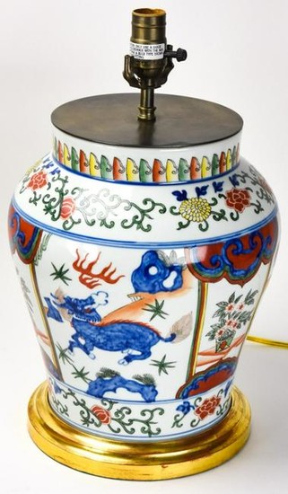 Asian Ginger Jar Form Hand Painted Porcelain Lamp