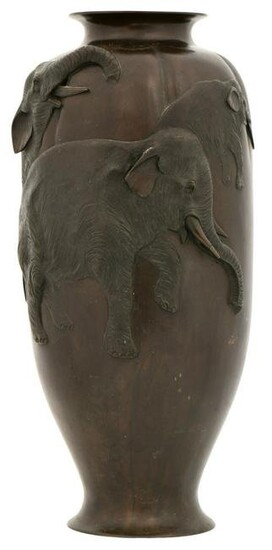Asian Patinated Bronze Vase with Elephants