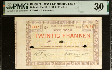 BELGIUM. City of Audenaerde. 20 Franken, 1914. P-Unlisted. WWI Emergency Issue. PMG Very Fine 30.