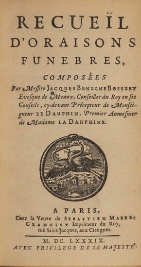 BOSSUET (Jacques Bénigne). Recueil d'oraisons funèbres. In Paris, by the Vve de S. Mabre-Cramoisy, 1689. In-12, [2] f., 562 p., [1] f. (privil.), [1 (of 2)] blank f., polished cherry morocco, spine with 5 nerves, author, title and date gilt...