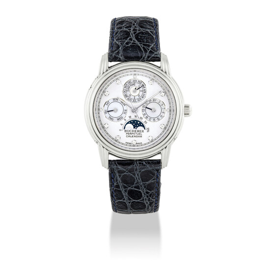 BUCHERER, PLATINUM, DIAMOND-SET AND MOTHER OF PEARL, PERPETUAL CALENDAR WITH MOONPHASES