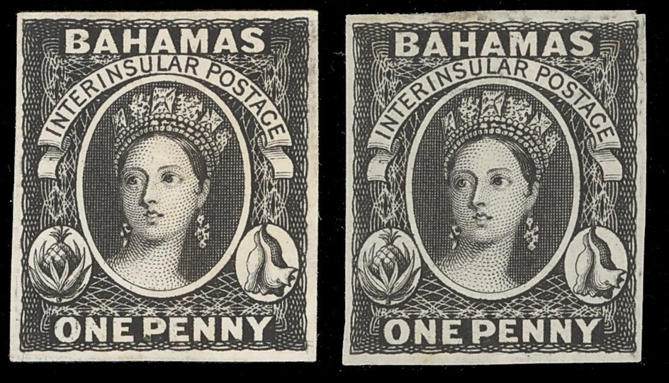 Bahamas 1859 (10 June) One Penny, Imperforate Plate Proofs Two single examples, the first on wh...