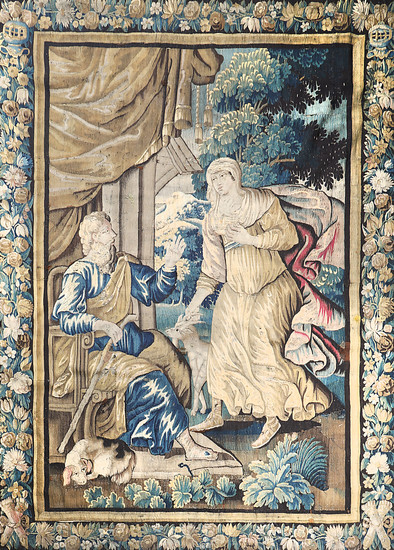 "Bible scene", French tapestry in Aubusson wool, late 17th Century-first half of the 18th Century.