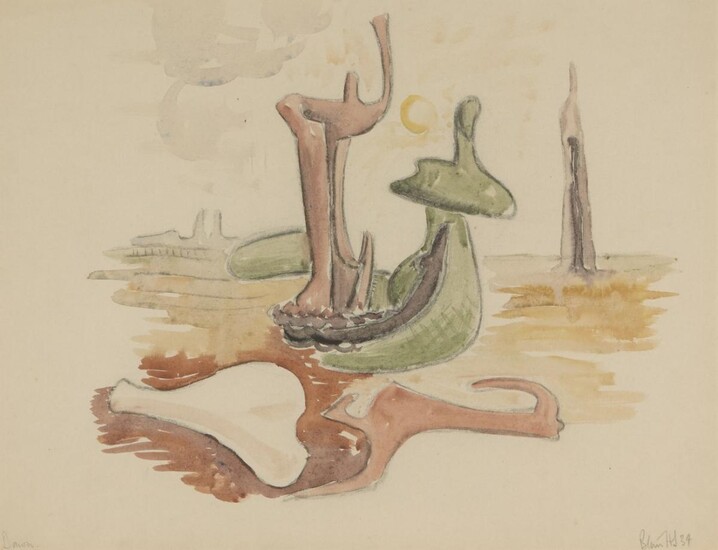 Blair Hughes-Stanton, British 1902-1981 - Dawn (Surrealist Landscape), 1934; graphite and watercolour on paper, signed and dated lower right 'Blair H S 34' and titled lower left, 32.3 x 41.8 cm (ARR) Provenance: the Estate of the Artist Note: Blair...
