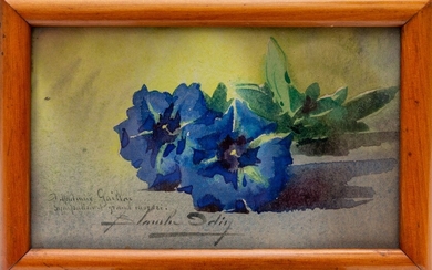Blanche ODIN (1865-1957). Gentianes. Aquarelle sur papier, signée en bas à gauche avec envoi autographe....