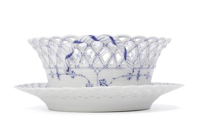 “Blue Fluted Full Lace” fruitbasket and dish of porcelain decorated in underglaze...