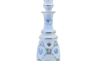 Bohemian Tall Glass Decanter White Glass Cut to Blue, Hand Painted Accent Flowers 14.5in. height