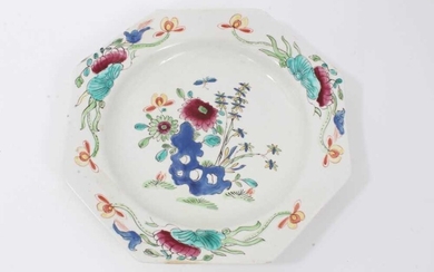 Bow octagonal plate, circa 1753-54, painted in the Chinese famille rose style with flowers, 22cm across