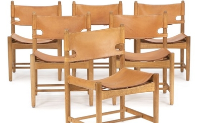 Børge Mogensen: Set of six chairs with oak frame. Seat and back with patinated full-grain leather. Model 3237. (6)