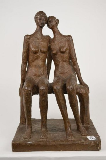 Bronze Sculpture of two females seated on a bench
