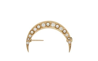 Brosche "Mondsichel" mit Perlen und 8 Brillanten