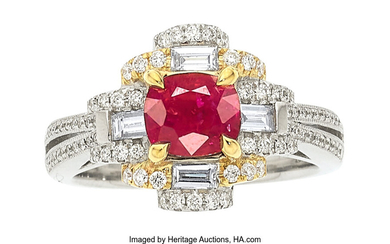 Burma Ruby, Diamond, Gold Ring Stones: Cushion-shaped Burma ruby...
