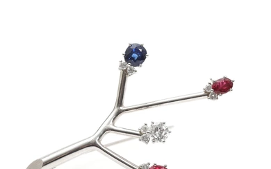C. Antonsen Diamond, ruby and sapphire brooch set with brilliant-cut diamonds totalling...