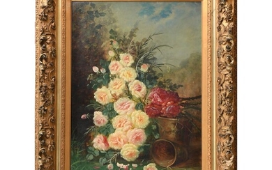 CARLIER Modeste. (1820-1878). « Fleurs dans un paysage ». Huile sur toile dans un important...