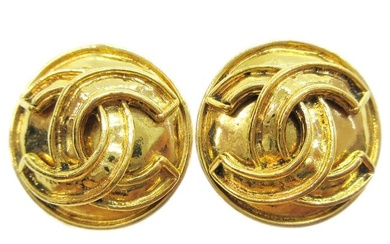CHANEL CC Button Motif Earrings Gold-Tone Clip-On 94P