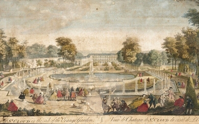 CHÂTEAUX FRANÇAIS 18e siècle Groupe de cinq gravures à l'aquarelle représentant les jardins de Versailles,...