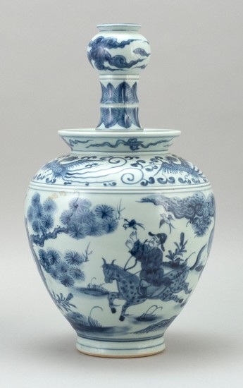CHINESE BLUE AND WHITE PORCELAIN VASE With bulb-form mouth, cylindrical neck, and a figural landscape design. Height 15".