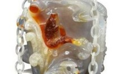CHINESE CARVED AGATE ORNAMENTAL HANGING VASE