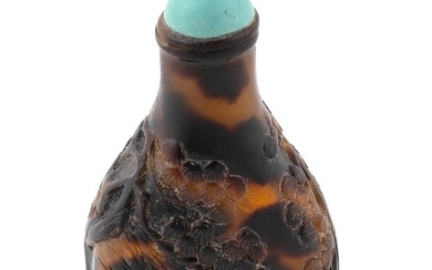 CHINESE CARVED SHELL SNUFF BOTTLE 19th Century Height 2.75". Turquoise stopper.