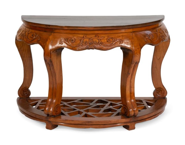 CHINESE CARVED WOODEN DEMILUNE CONSOLE TABLE Shaped apron with raised foliate carving. Openwork lattice stretcher. Height 33". Width...