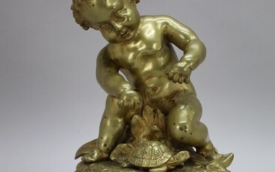 CLODION C. signé. Cupidon avec tortue" sculpture en bronze doré sur socle en marbre -...