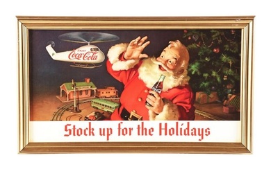 COCA-COLA "STOCK UP FOR THE HOLIDAYS" PAPER LITHOGRAPH W/ CHRISTMAS-RELATED GRAPHIC