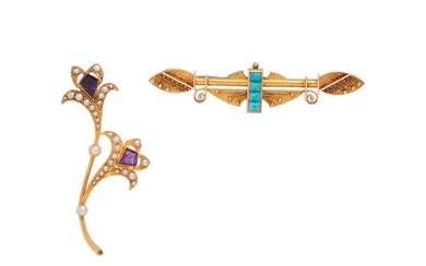 COLLECTION OF VICTORIAN, GOLD-FILLED AND GEMSTONE BROOCHES