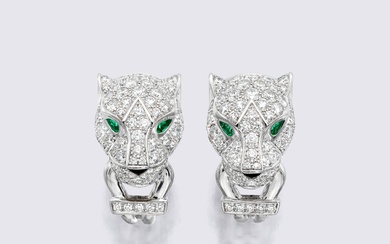 Cartier, Pair of Diamond, Emerald and Onyx Earrings, 'Panthère'