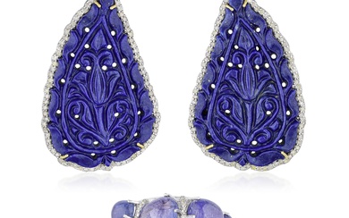 Carved Lapis Lazuli Drop Earrings and Tanzanite and Diamond Cocktail Ring