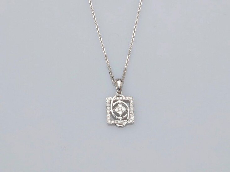 Chain and square pendant in white gold, 750 MM, openwork, covered with diamonds, length 45 cm, spring ring, weight: 3.6gr. rough.