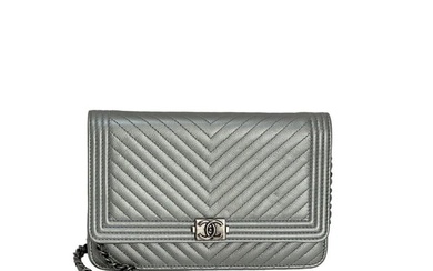Chanel Silver Caviar Chevron Quilted Boy Wallet on a Chain