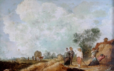Charles ESCHARD (1748-1810) Halte en campagne. Huile sur panneau parqueté. (Restauration). 34 x 50 cm...